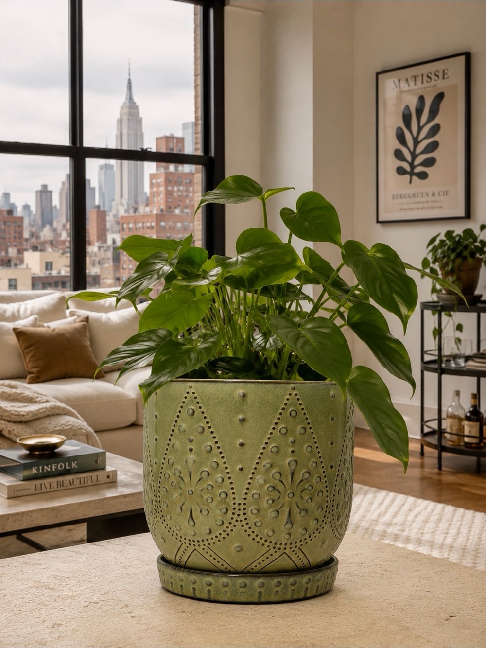 Green Ceramic Planter with Saucer 7 Inch, Boho Indoor Flower Pot with Drainage